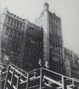Spring 1951 stairs with two students walking down 